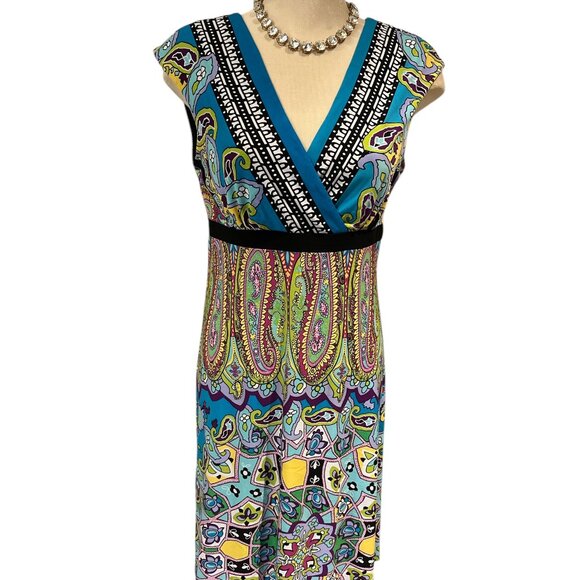 FUNKY Dress Deep V Plunge Front and Deep V Back Size 12 Fun Patterns Stretchy - Picture 1 of 10